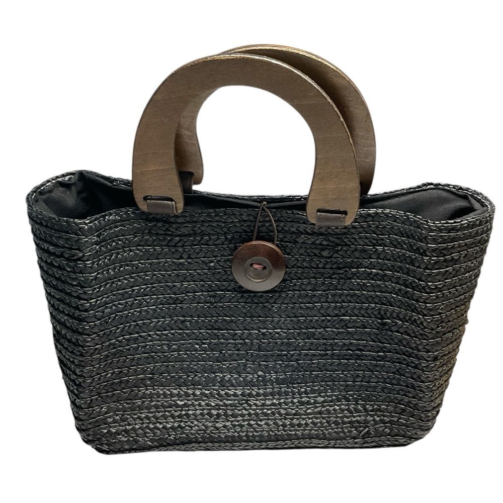 Caribbean Joe Black Wheat Straw Wood Handle Button Closure Purse Bag